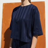 Navy Vertical-Stripe Piqué Knit, Cotton-Poly
