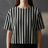 Black Vertical-Stripe Jersey Knit, Viscose-Poly