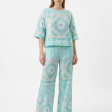 Teal Geometric Linen-Look, Polyester