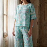 Teal Geometric Linen-Look, Polyester