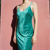 Polyester Stretch Velvet Fabric, 181 gsm, 158 cm — Green — mockup: scene