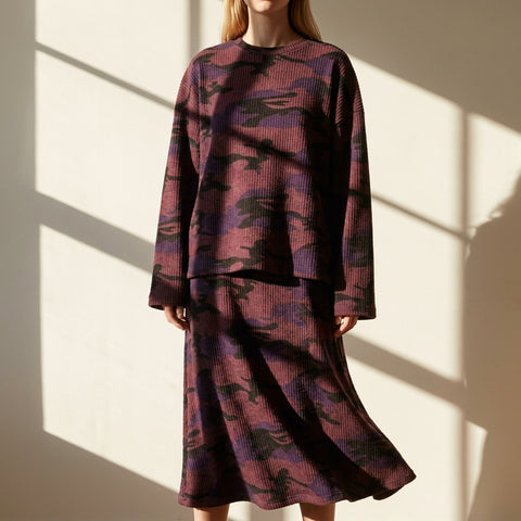 Dark Red Bold-Camo Rib Knit, Viscose-Poly