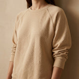 Jacquard Polyester Cotton Knit Fabric, 355 gsm, 152 cm — Beige — mockup: scene