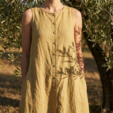 Polyester Viscose Stretch Linen-Look Fabric, 228 gsm — Khaki — mockup: scene