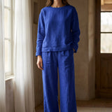 Polyester Stretch Linen-Look Fabric, 212 gsm — Blue — mockup: scene