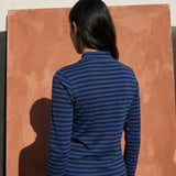 Blue Horizontal-Stripe Jersey Knit, Cotton-Tencel Lyocell — mockup: scene