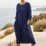 100% Polyester Linen-Look Fabric, 115 gsm, 147 cm — Navy — mockup: scene