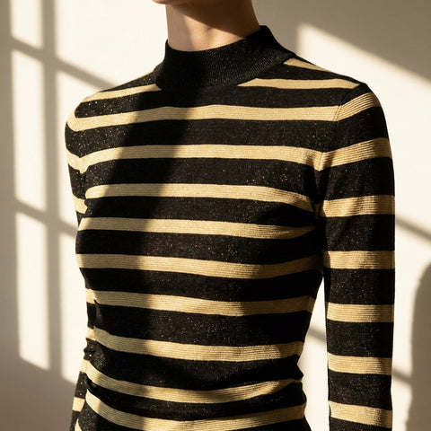 Black Horizontal-Stripe Jersey Knit, Poly-Metallic