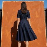 Polyester Viscose Stretch Denim Fabric, 280 gsm, 165 cm — Navy — mockup: scene