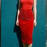 Polyester Stretch Velvet Fabric, 320 gsm, 165 cm — Red — mockup: scene