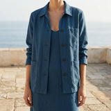 Polyester Stretch Linen-Look Fabric, 300 gsm, 160 cm — Navy — mockup: scene