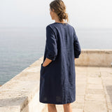 Polyester Stretch Linen-Look Fabric, 290 gsm, 172 cm — Navy — mockup: scene