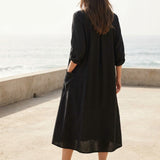 Polyester Viscose Stretch Linen-Look Fabric, 264 gsm — Black — mockup: scene