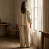 Polyester Viscose Stretch Linen-Look Fabric, 234 gsm — Khaki — mockup: scene