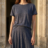 Heather 100% Linen Jersey Knit Fabric, 195 gsm, 160 cm — Navy — mockup: scene