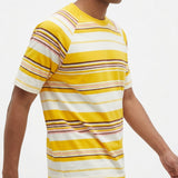 Yellow Horizontal-Stripe Jersey Knit, Cotton-Poly, 150 gsm — mockup: tshirt