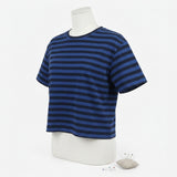 Blue Horizontal-Stripe Jersey Knit, Cotton-Tencel Lyocell — mockup: tshirt