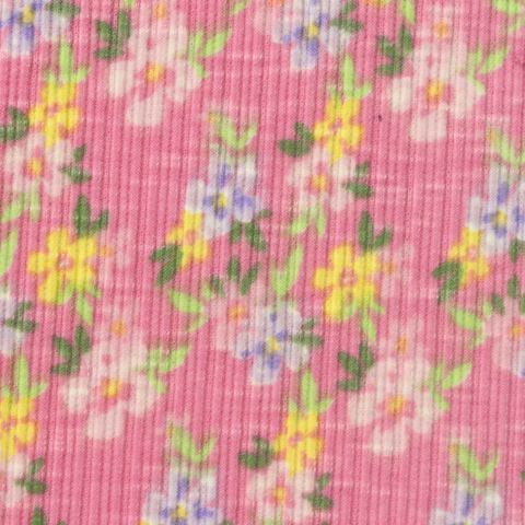 Fine Floral Slub Polyester Cotton Stretch Rib Knit Fabric