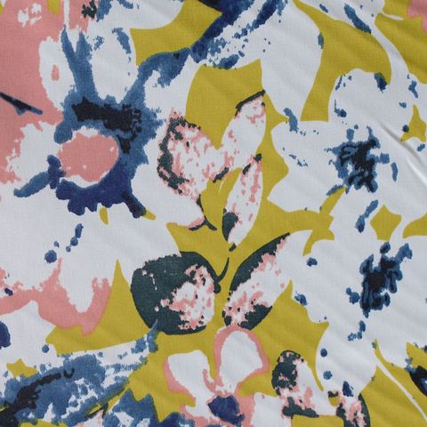 White Abstract-Floral Twill, Cotton-Poly